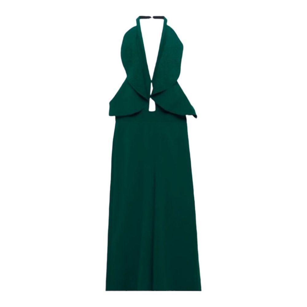ZARA WOMAN Pantsuit Halter Sleeveless Ruffle Evening Holiday Dress Green Small